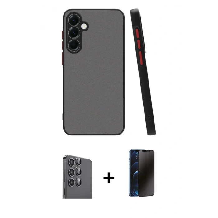 MARSİLYAN™- Galaxy S25 Plus Kılıf Ahenk Çizgi Serisi - Siyah 3D Antistatik Hayalet Cam Ekran Koruyucu + Raze Metal Kamera Lens - SH