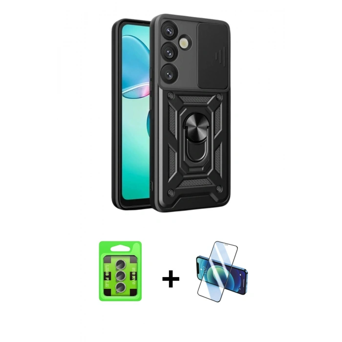 MARSİLYAN™- Galaxy S25 Plus Kılıf Ahenk Klasik - Siyah 3D Antistatik Cam Ekran Koruyucu + Raze Metal Kamera Lens - LI