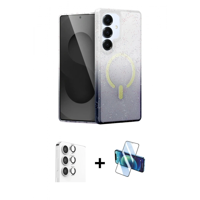 MARSİLYAN™- Galaxy S25 Plus Kılıf Eksen Minimal Özel Seri - Siyah 3D Antistatik Cam Ekran Koruyucu + Raze Metal Kamera Lens - GS