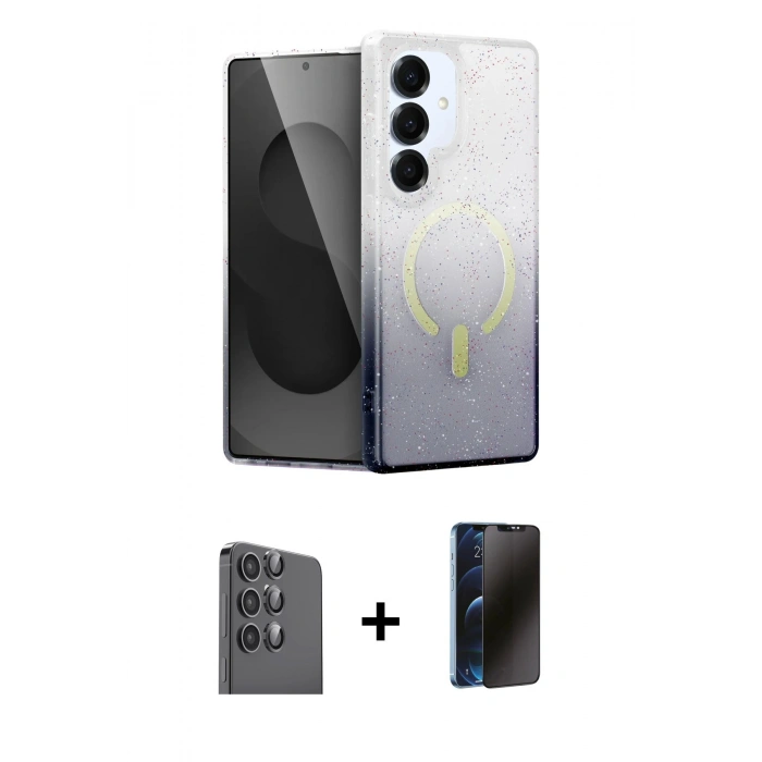 MARSİLYAN™- Galaxy S25 Plus Kılıf Eksen Minimal Özel Seri - Siyah 3D Antistatik Hayalet Cam Ekran Koruyucu + Raze Metal Kamera Lens - SH