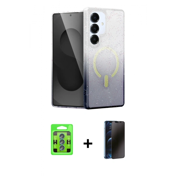 MARSİLYAN™- Galaxy S25 Plus Kılıf Eksen Minimal Özel Seri - Siyah 3D Antistatik Hayalet Cam Ekran Koruyucu + Raze Metal Kamera Lens - MI
