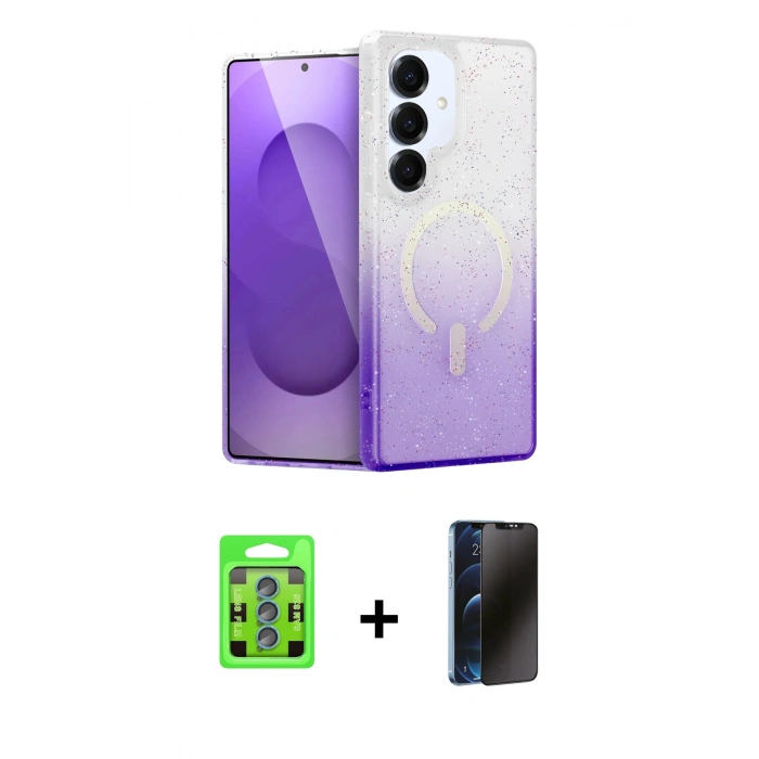 MARSİLYAN™- Galaxy S25 Plus Kılıf Eksen Minimal Özel Seri - Siyah 3D Antistatik Hayalet Cam Ekran Koruyucu + Raze Metal Kamera Lens - MI