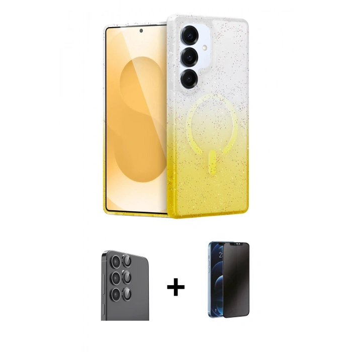 MARSİLYAN™- Galaxy S25 Plus Kılıf Eksen Minimal Özel Seri - Siyah 3D Antistatik Hayalet Cam Ekran Koruyucu + Raze Metal Kamera Lens - SH