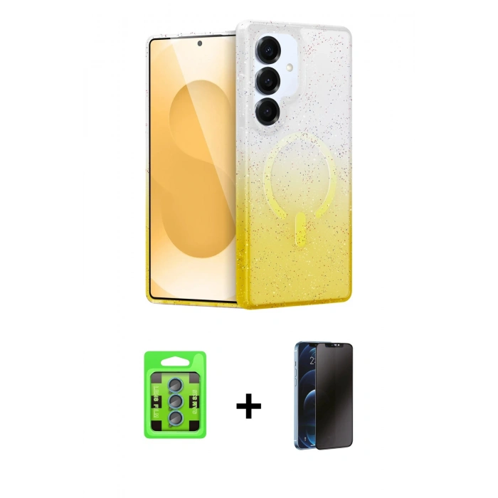 MARSİLYAN™- Galaxy S25 Plus Kılıf Eksen Minimal Özel Seri - Siyah 3D Antistatik Hayalet Cam Ekran Koruyucu + Raze Metal Kamera Lens - MI