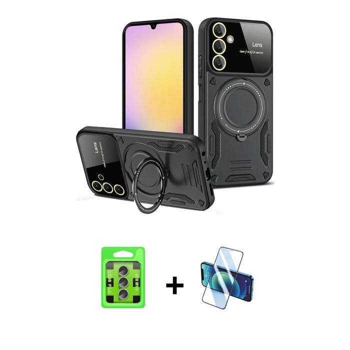 MARSİLYAN™- Galaxy S25 Plus Kılıf Kıvılcım Modern Serisi - Siyah 3D Antistatik Cam Ekran Koruyucu + Raze Metal Kamera Lens - LI