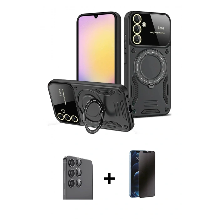 MARSİLYAN™- Galaxy S25 Plus Kılıf Kıvılcım Modern Serisi - Siyah 3D Antistatik Hayalet Cam Ekran Koruyucu + Raze Metal Kamera Lens - SH