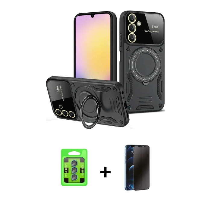 MARSİLYAN™- Galaxy S25 Plus Kılıf Kıvılcım Modern Serisi - Siyah 3D Antistatik Hayalet Cam Ekran Koruyucu + Raze Metal Kamera Lens - MI