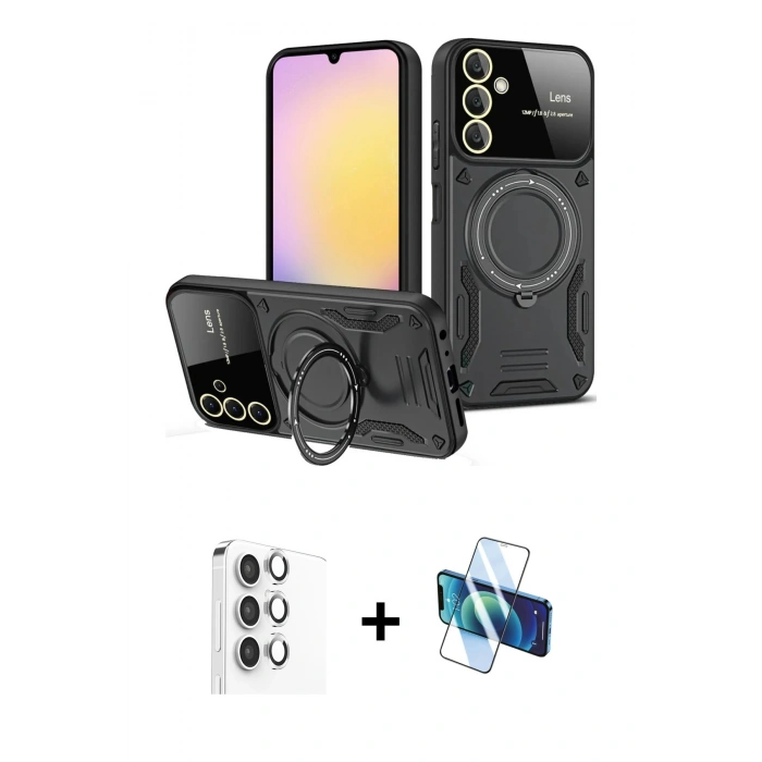 MARSİLYAN™- Galaxy S25 Plus Kılıf Kıvılcım Modern Serisi - Siyah 3D Antistatik Seramik Nano Ekran Koruyucu + Raze Metal Kamera Lens - GS