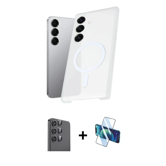 MARSİLYAN™- Galaxy S25 Plus Kılıf Kutup Minimal - Siyah 3D Antistatik Seramik Nano Ekran Koruyucu + Raze Metal Kamera Lens - SH
