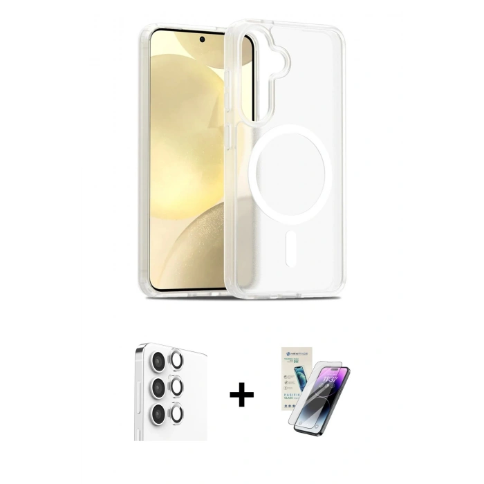 MARSİLYAN™- Galaxy S25 Plus Kılıf Siluet Minimal Prime - Şeffaf Pasifik Cam Ekran Koruyucu + Gümüş Raze Metal Kamera Lens