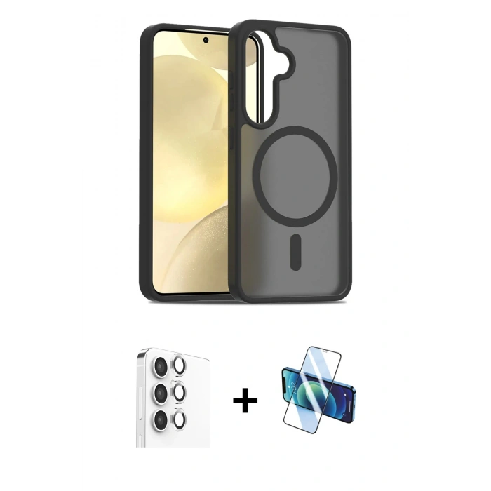 MARSİLYAN™- Galaxy S25 Plus Kılıf Siluet Minimal Prime - Siyah 3D Antistatik Cam Ekran Koruyucu + Raze Metal Kamera Lens - GS