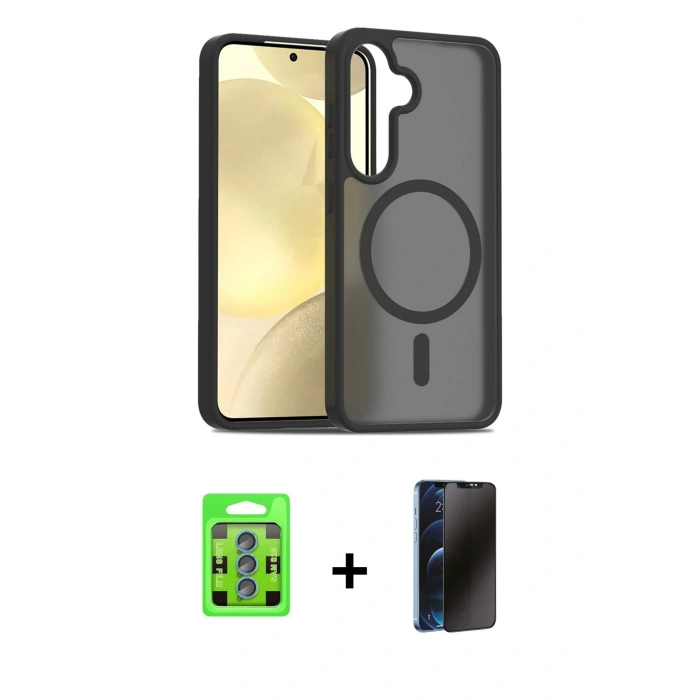 MARSİLYAN™- Galaxy S25 Plus Kılıf Siluet Minimal Prime - Siyah 3D Antistatik Hayalet Cam Ekran Koruyucu + Raze Metal Kamera Lens - MI