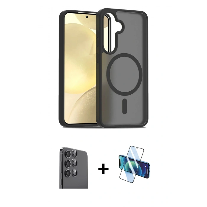 MARSİLYAN™- Galaxy S25 Plus Kılıf Siluet Minimal Prime - Siyah 3D Antistatik Seramik Nano Ekran Koruyucu + Raze Metal Kamera Lens - SH