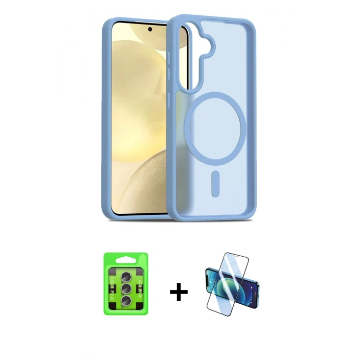 MARSİLYAN™- Galaxy S25 Plus Kılıf Siluet Minimal Prime - Siyah 3D Antistatik Seramik Nano Ekran Koruyucu + Lacivert-Mavi Raze Metal Kamera Lens