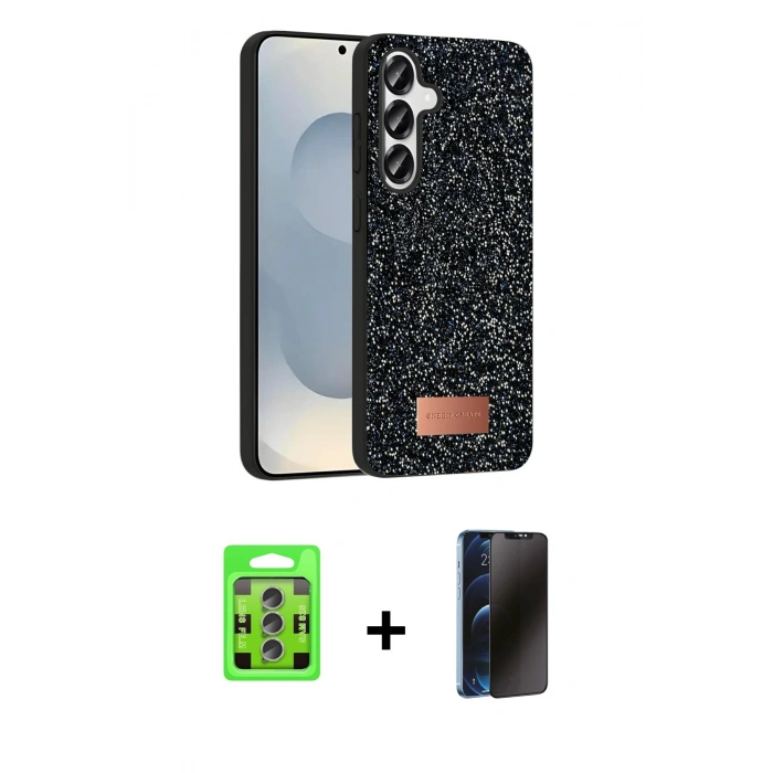 MARSİLYAN™- Galaxy S25 Plus Kılıf Vadi Klasik Serisi - Siyah 3D Antistatik Hayalet Cam Ekran Koruyucu + Raze Metal Kamera Lens - LI
