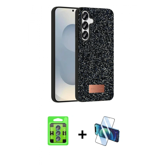 MARSİLYAN™- Galaxy S25 Plus Kılıf Vadi Klasik Serisi - Siyah 3D Antistatik Seramik Nano Ekran Koruyucu + Raze Metal Kamera Lens - MI