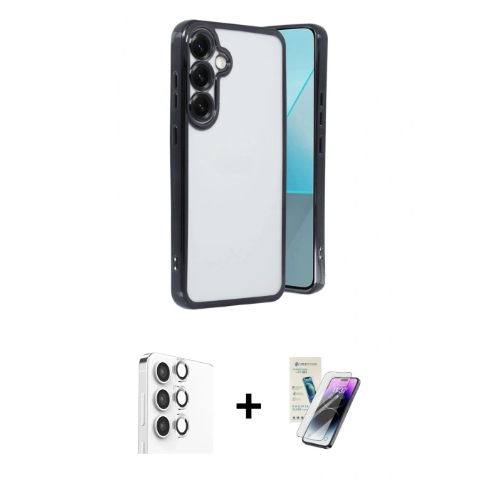 MARSİLYAN™- Galaxy S25 Plus Kılıf Vadi Minimal - Şeffaf Pasifik Cam Ekran Koruyucu + Raze Metal Kamera Lens - GS