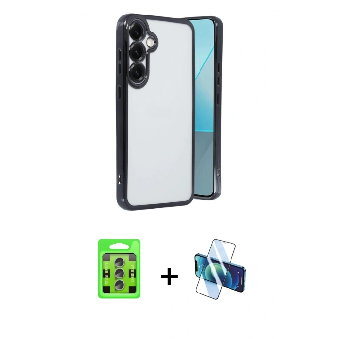 MARSİLYAN™- Galaxy S25 Plus Kılıf Vadi Minimal - Siyah 3D Antistatik Cam Ekran Koruyucu + Raze Metal Kamera Lens - LI