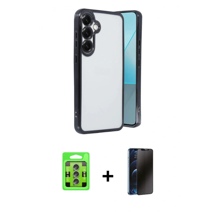 MARSİLYAN™- Galaxy S25 Plus Kılıf Vadi Minimal - Siyah 3D Antistatik Hayalet Cam Ekran Koruyucu + Raze Metal Kamera Lens - LI