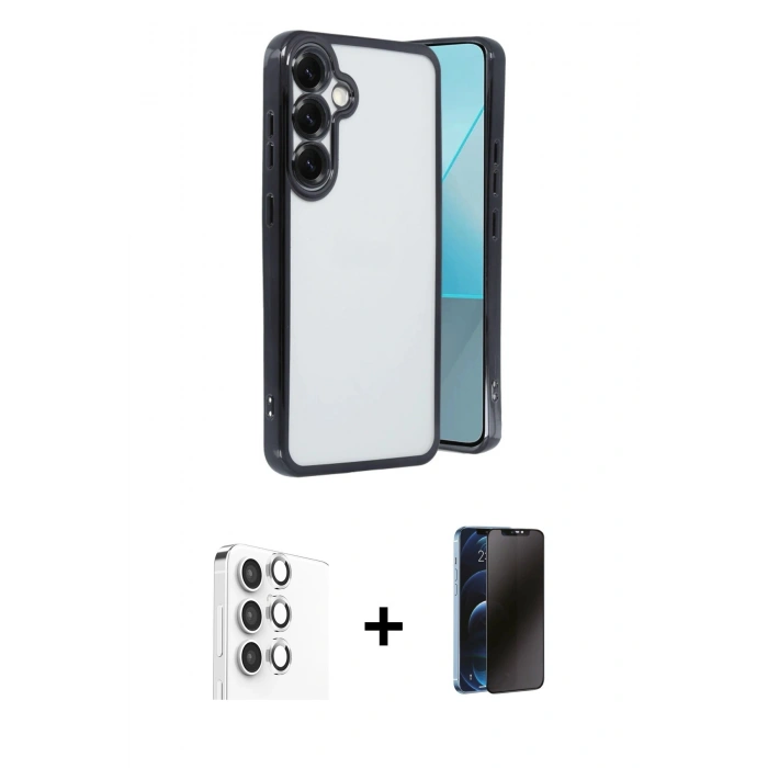 MARSİLYAN™- Galaxy S25 Plus Kılıf Vadi Minimal - Siyah 3D Antistatik Hayalet Cam Ekran Koruyucu + Raze Metal Kamera Lens - GS