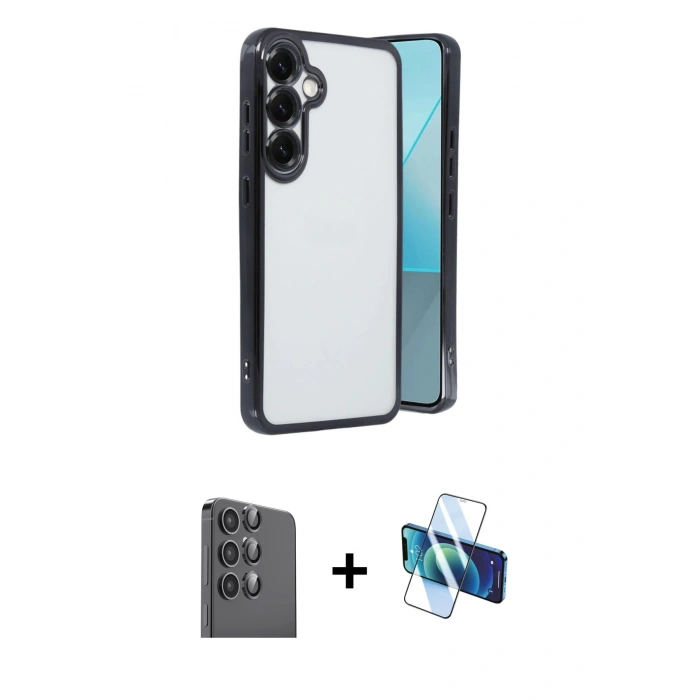 MARSİLYAN™- Galaxy S25 Plus Kılıf Vadi Minimal - Siyah 3D Antistatik Seramik Nano Ekran Koruyucu + Raze Metal Kamera Lens - SH