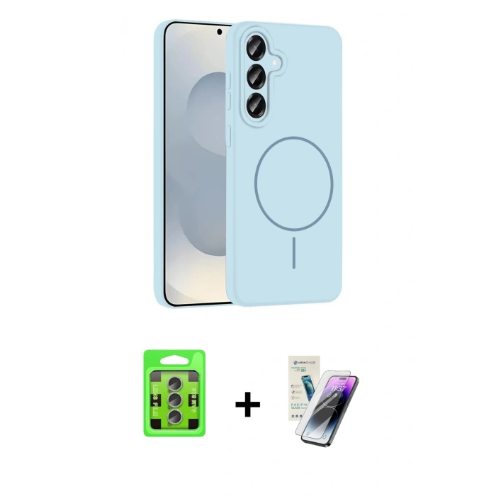 MARSİLYAN™- Galaxy S25 Plus Kılıf Yankı Form Serisi - Şeffaf Pasifik Cam Ekran Koruyucu + Lacivert-Mavi Raze Metal Kamera Lens