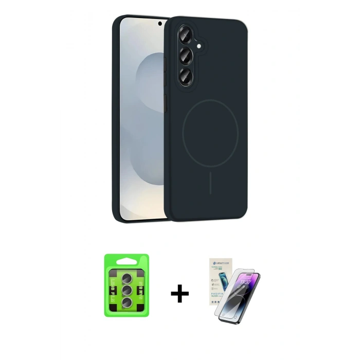 MARSİLYAN™- Galaxy S25 Plus Kılıf Yankı Form Serisi - Şeffaf Pasifik Cam Ekran Koruyucu + Lacivert-Mavi Raze Metal Kamera Lens