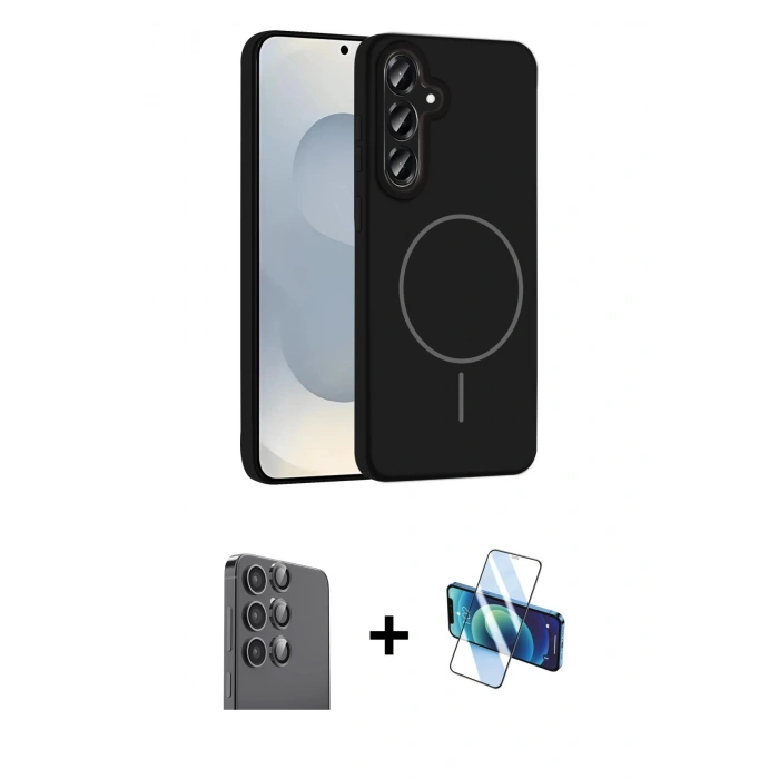 MARSİLYAN™- Galaxy S25 Plus Kılıf Yankı Form Serisi - Siyah 3D Antistatik Cam Ekran Koruyucu + Raze Metal Kamera Lens - SH