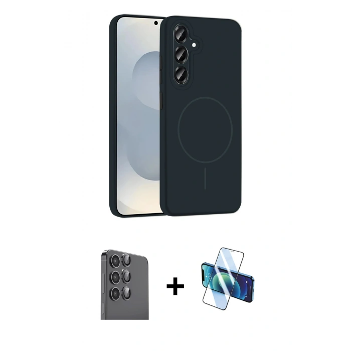 MARSİLYAN™- Galaxy S25 Plus Kılıf Yankı Form Serisi - Siyah 3D Antistatik Cam Ekran Koruyucu + Raze Metal Kamera Lens - SH