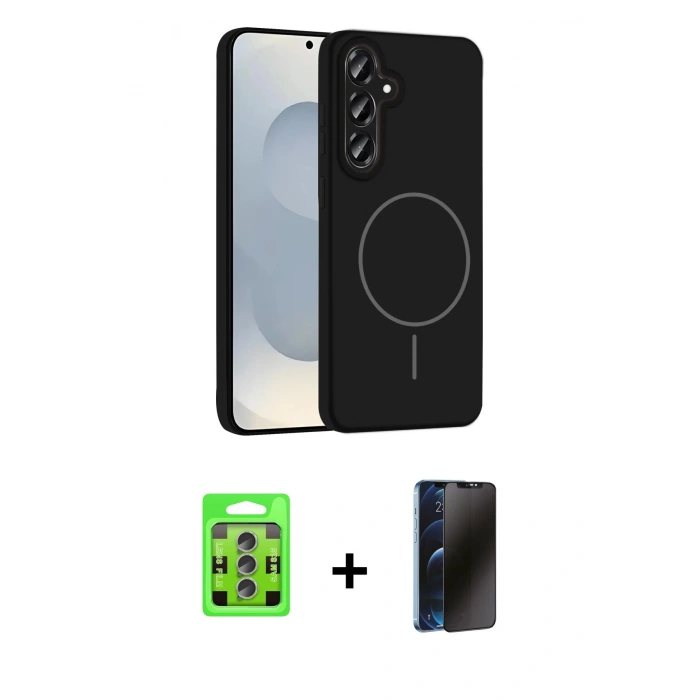 MARSİLYAN™- Galaxy S25 Plus Kılıf Yankı Form Serisi - Siyah 3D Antistatik Hayalet Cam Ekran Koruyucu + Raze Metal Kamera Lens - LI