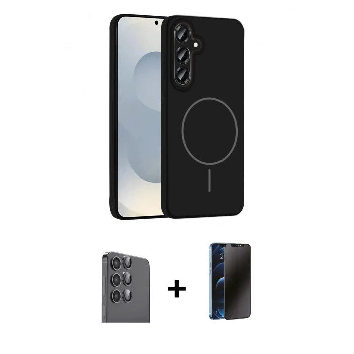 MARSİLYAN™- Galaxy S25 Plus Kılıf Yankı Form Serisi - Siyah 3D Antistatik Hayalet Cam Ekran Koruyucu + Raze Metal Kamera Lens - SH