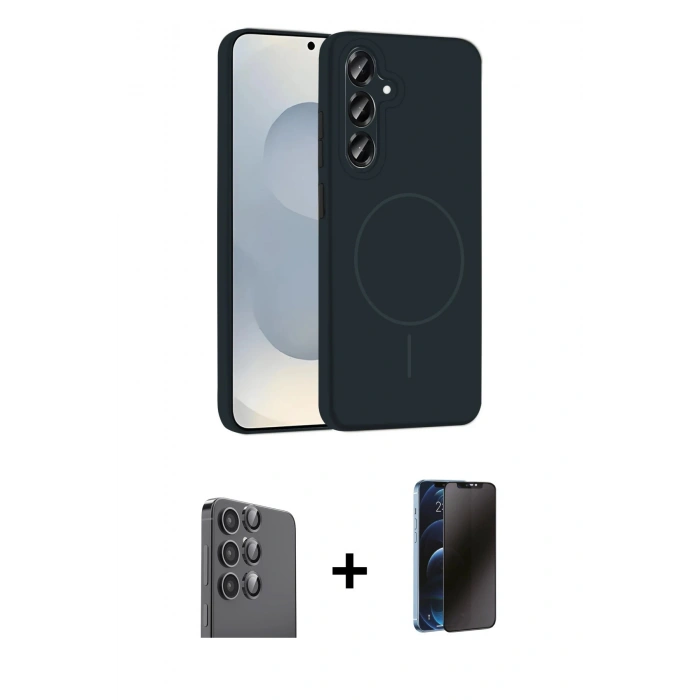 MARSİLYAN™- Galaxy S25 Plus Kılıf Yankı Form Serisi - Siyah 3D Antistatik Hayalet Cam Ekran Koruyucu + Raze Metal Kamera Lens - SH