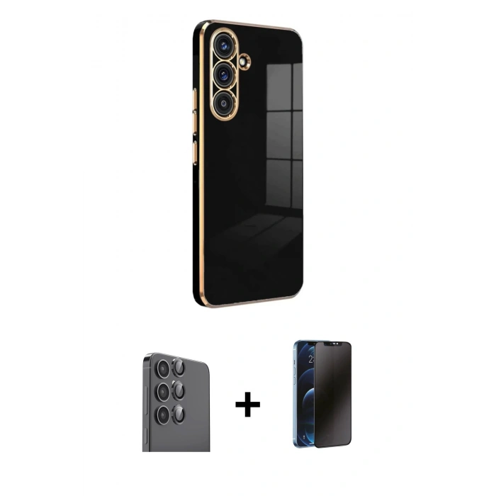 MARSİLYAN™- Galaxy S25 Plus Kılıf Yankı Serisi - Siyah 3D Antistatik Hayalet Cam Ekran Koruyucu + Raze Metal Kamera Lens - SH