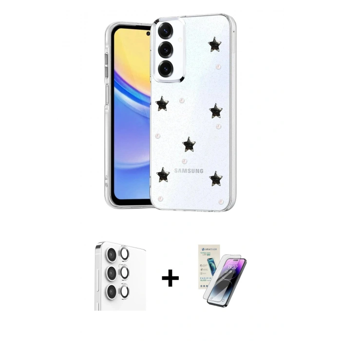 MARSİLYAN™- Galaxy S25 Plus Kılıf Yörünge Form - Şeffaf Pasifik Cam Ekran Koruyucu + Raze Metal Kamera Lens - GS