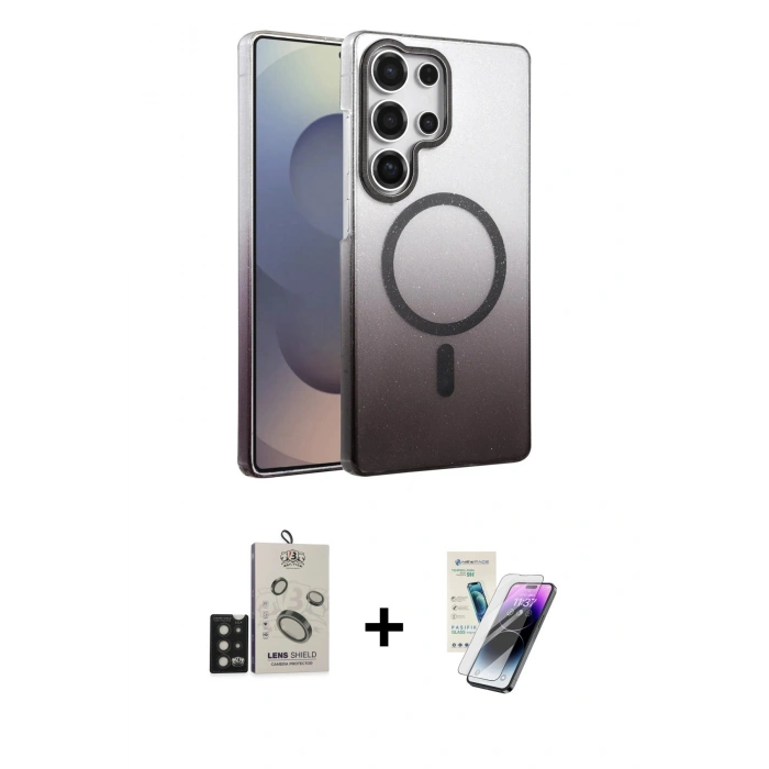 MARSİLYAN™- Galaxy S25 Ultra Kılıf Ahenk Doku Özel Seri - Şeffaf Pasifik Cam Ekran Koruyucu + Bilvis Titan Kamera Lens - SH