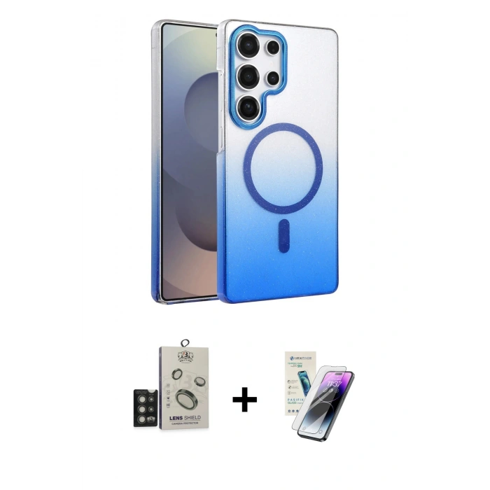 MARSİLYAN™- Galaxy S25 Ultra Kılıf Ahenk Doku Özel Seri - Şeffaf Pasifik Cam Ekran Koruyucu + Bilvis Titan Kamera Lens - TNGI