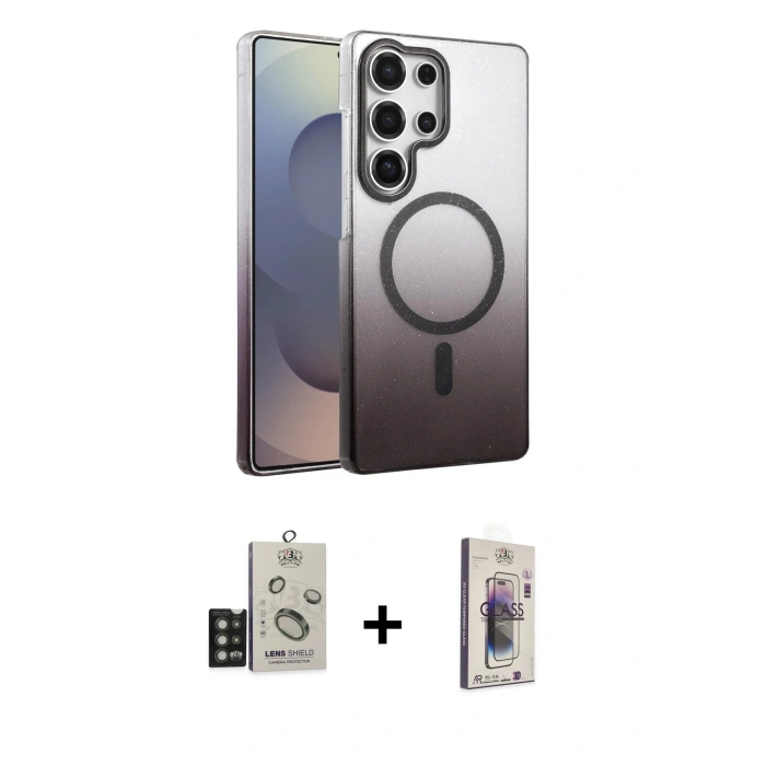 MARSİLYAN™- Galaxy S25 Ultra Kılıf Ahenk Doku Özel Seri - Siyah Bilvis 3D Cam Ekran Koruyucu + Bilvis Titan Kamera Lens - TNGI