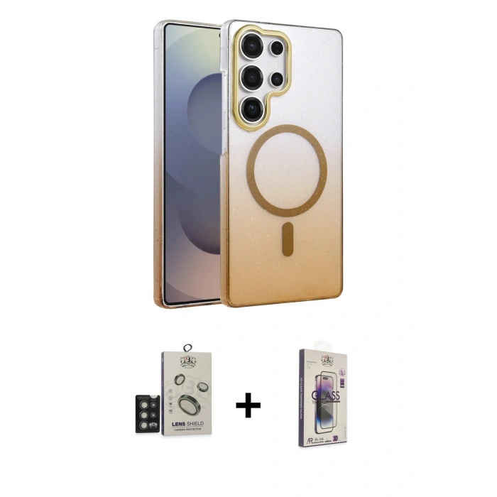 MARSİLYAN™- Galaxy S25 Ultra Kılıf Ahenk Doku Özel Seri - Siyah Bilvis 3D Cam Ekran Koruyucu + Bilvis Titan Kamera Lens - TNGI