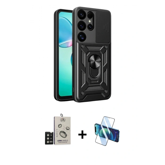 MARSİLYAN™- Galaxy S25 Ultra Kılıf Ahenk Klasik - Siyah 3D Antistatik Cam Ekran Koruyucu + Bilvis Titan Kamera Lens - SH
