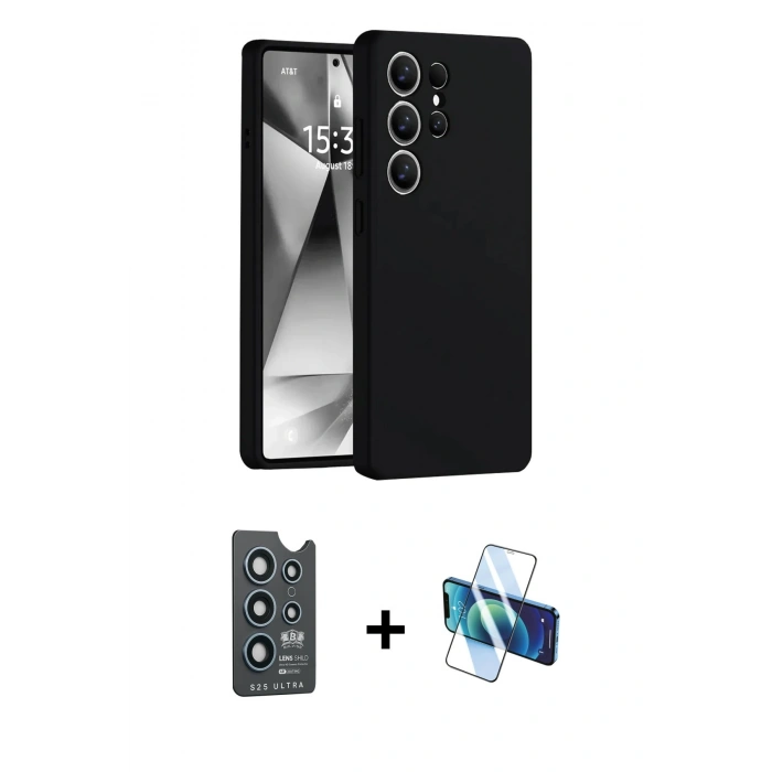 MARSİLYAN™- Galaxy S25 Ultra Kılıf Ahenk Serisi - Siyah 3D Antistatik Seramik Nano Ekran Koruyucu + Bilvis Titan Kamera Lens - LT