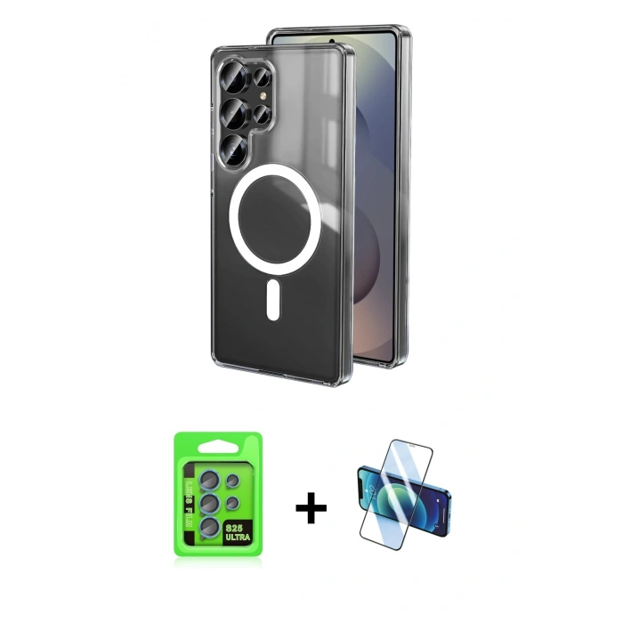 MARSİLYAN™- Galaxy S25 Ultra Kılıf Ahenk Yansıma Prime - Siyah 3D Antistatik Cam Ekran Koruyucu + Raze Metal Kamera Lens - MI