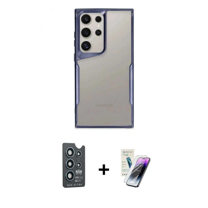 MARSİLYAN™- Galaxy S25 Ultra Kılıf Akış Çizgi Koleksiyonu - Şeffaf Pasifik Cam Ekran Koruyucu + Bilvis Titan Kamera Lens - LT