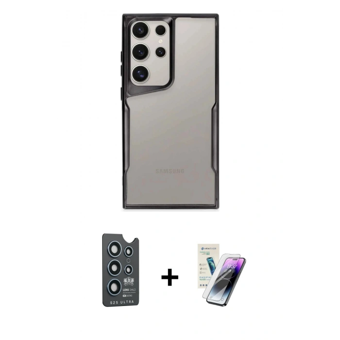 MARSİLYAN™- Galaxy S25 Ultra Kılıf Akış Çizgi Koleksiyonu - Şeffaf Pasifik Cam Ekran Koruyucu + Bilvis Titan Kamera Lens - LT