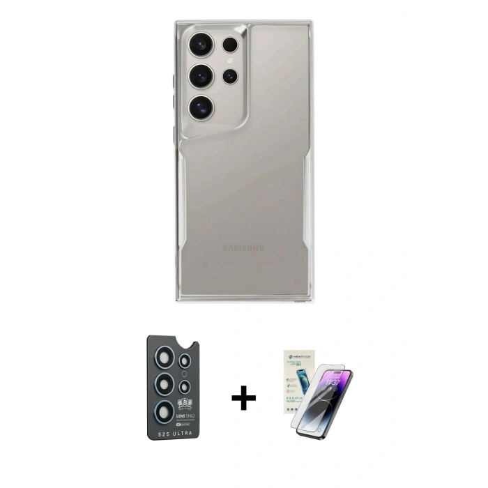 MARSİLYAN™- Galaxy S25 Ultra Kılıf Akış Çizgi Koleksiyonu - Şeffaf Pasifik Cam Ekran Koruyucu + Bilvis Titan Kamera Lens - LT