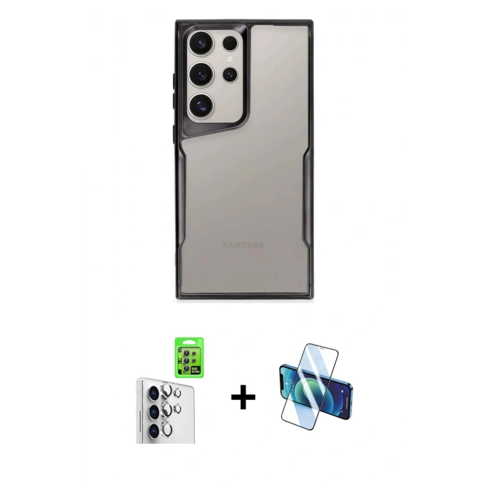 MARSİLYAN™- Galaxy S25 Ultra Kılıf Akış Çizgi Koleksiyonu - Siyah 3D Antistatik Seramik Nano Ekran Koruyucu + Raze Metal Kamera Lens - GS