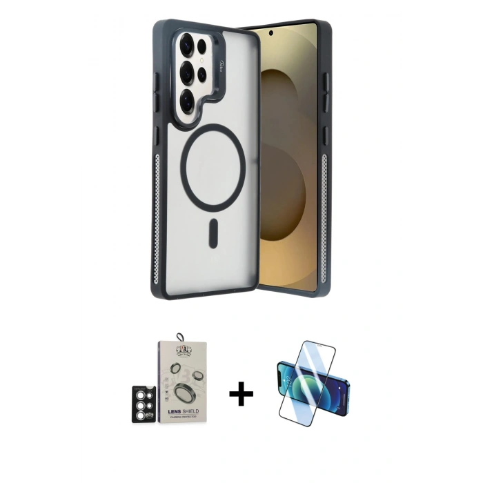 MARSİLYAN™- Galaxy S25 Ultra Kılıf Akış Form - Siyah 3D Antistatik Cam Ekran Koruyucu + Bilvis Titan Kamera Lens - GS