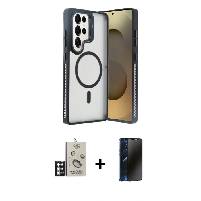 MARSİLYAN™- Galaxy S25 Ultra Kılıf Akış Form - Siyah 3D Antistatik Hayalet Cam Ekran Koruyucu + Bilvis Titan Kamera Lens - GS