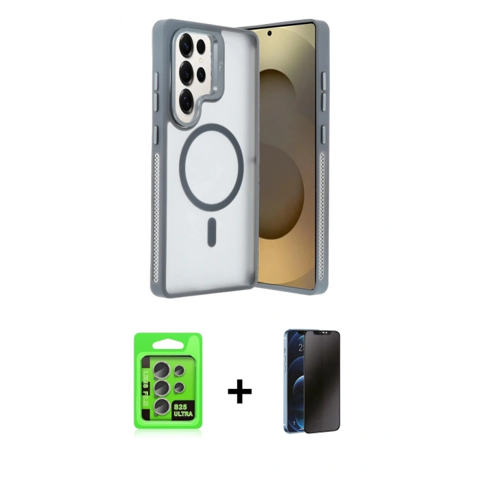 MARSİLYAN™- Galaxy S25 Ultra Kılıf Akış Form - Siyah 3D Antistatik Hayalet Cam Ekran Koruyucu + Raze Metal Kamera Lens - NLGY