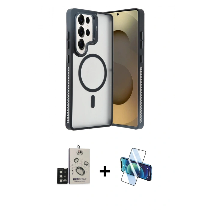 MARSİLYAN™- Galaxy S25 Ultra Kılıf Akış Form - Siyah 3D Antistatik Seramik Nano Ekran Koruyucu + Bilvis Titan Kamera Lens - SH