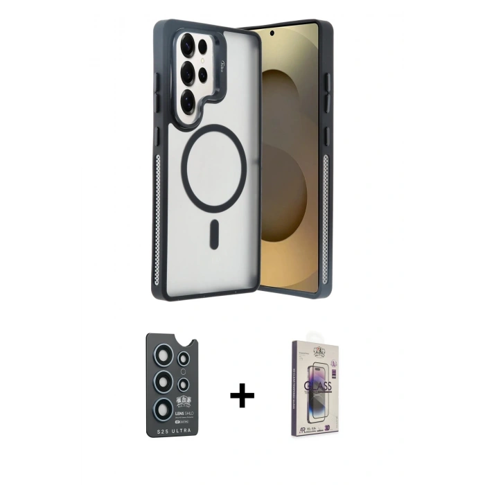 MARSİLYAN™- Galaxy S25 Ultra Kılıf Akış Form - Siyah Bilvis 3D Cam Ekran Koruyucu + Bilvis Titan Kamera Lens - LT